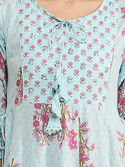 Ethnic Floral Printed Anarkali Flared Kurta with Pant and Dupatta - Blue