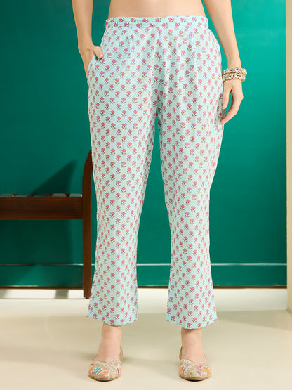 Ethnic Floral Printed Anarkali Flared Kurta with Pant and Dupatta - Blue