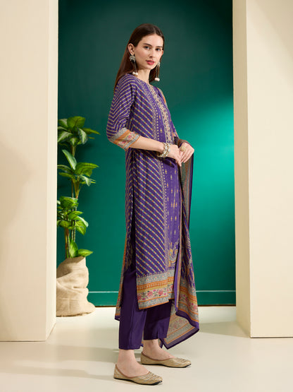 Ethnic Printed Straight Kurta with Pant & Dupatta - Purple