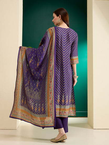Ethnic Printed Straight Kurta with Pant & Dupatta - Purple