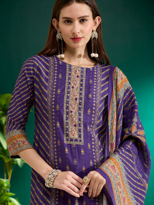 Ethnic Printed Straight Kurta with Pant & Dupatta - Purple