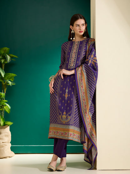 Ethnic Printed Straight Kurta with Pant & Dupatta - Purple