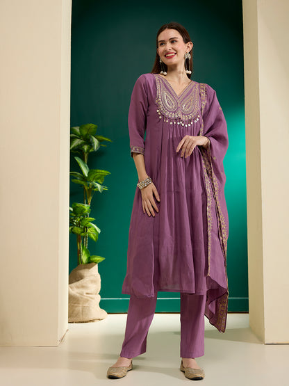 Solid Ethnic Embroidered A-Line Pleated Kurta with Pant & Dupatta - Purple