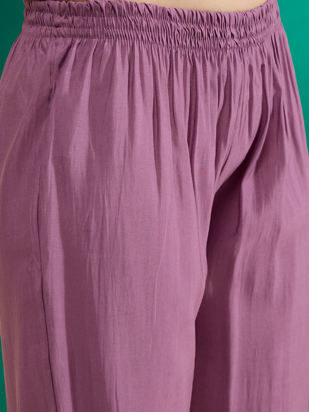 Solid Ethnic Embroidered A-Line Pleated Kurta with Pant & Dupatta - Purple