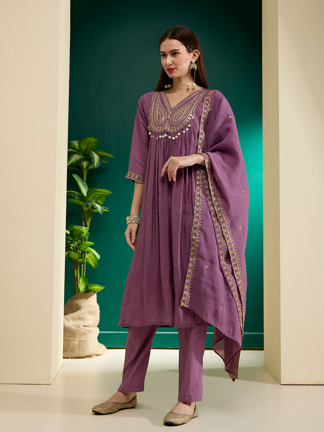 Solid Ethnic Embroidered A-Line Pleated Kurta with Pant & Dupatta - Purple