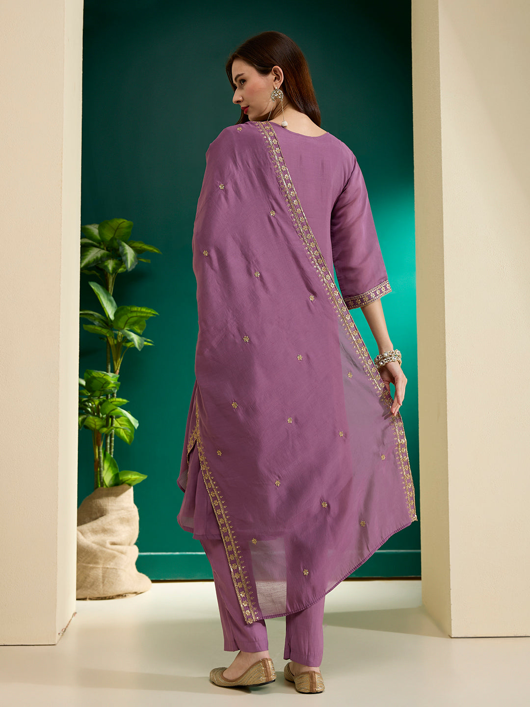 Solid Ethnic Embroidered A-Line Pleated Kurta with Pant & Dupatta - Purple