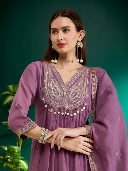 Solid Ethnic Embroidered A-Line Pleated Kurta with Pant & Dupatta - Purple