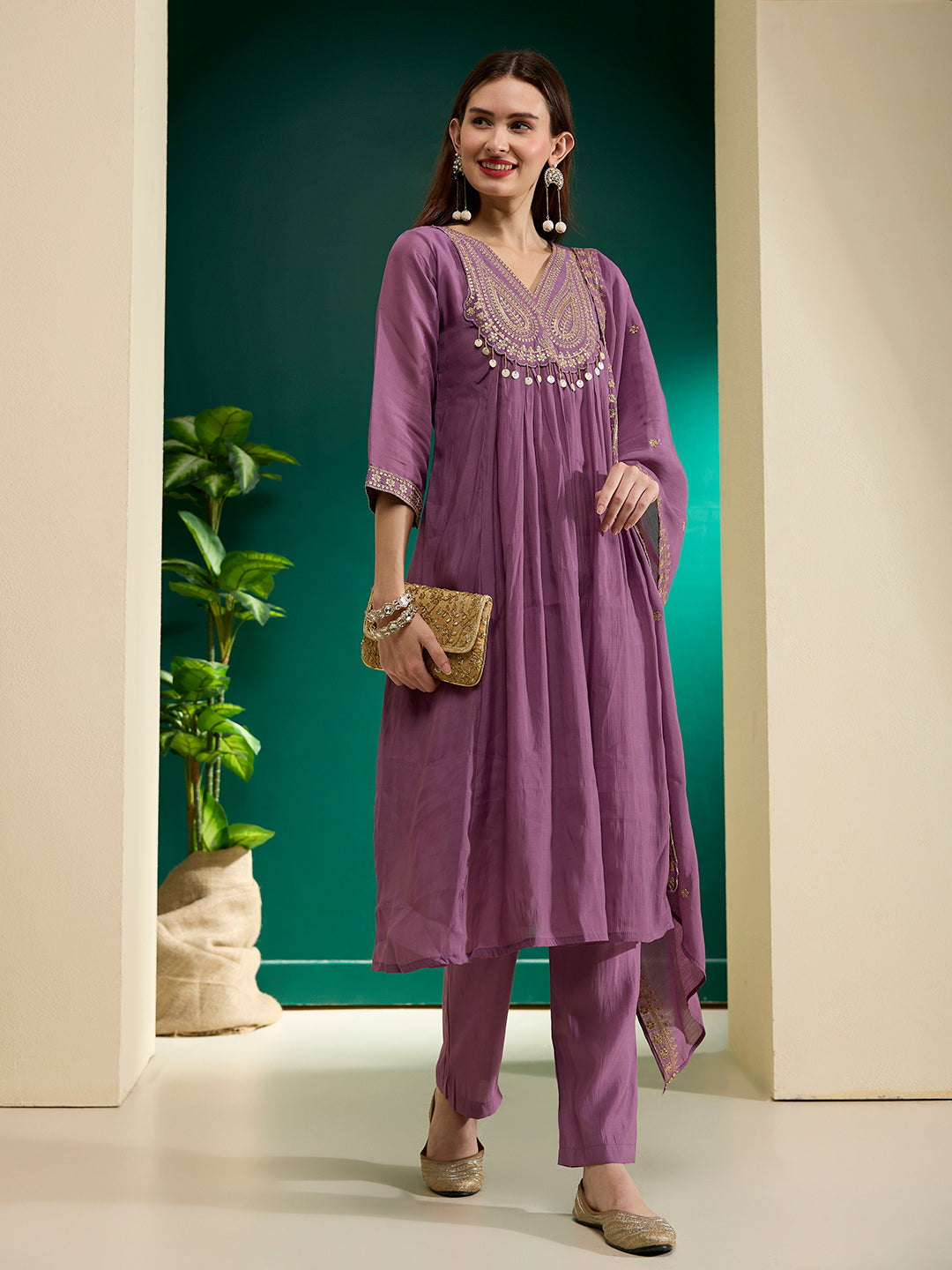 Solid Ethnic Embroidered A-Line Pleated Kurta with Pant & Dupatta - Purple