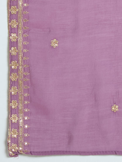 Solid Ethnic Embroidered A-Line Pleated Kurta with Pant & Dupatta - Purple