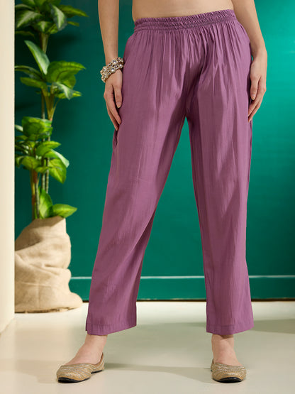 Solid Ethnic Embroidered A-Line Pleated Kurta with Pant & Dupatta - Purple