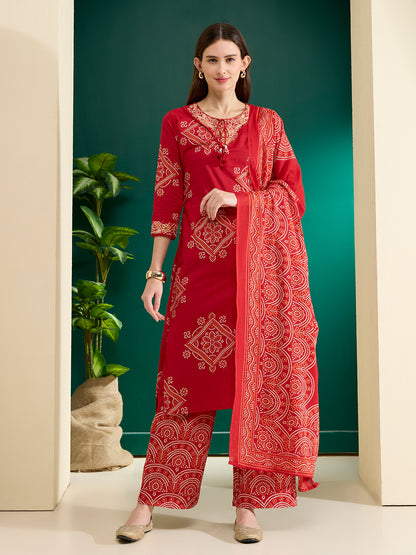 Bandhani Printed Embroidered Straight Kurta with Palazzo and Dupatta - Red