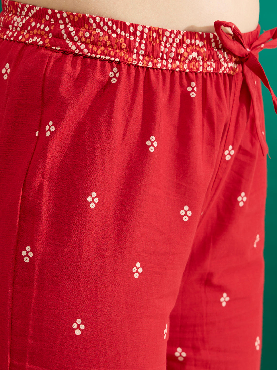 Bandhani Printed Embroidered Straight Kurta with Palazzo and Dupatta - Red