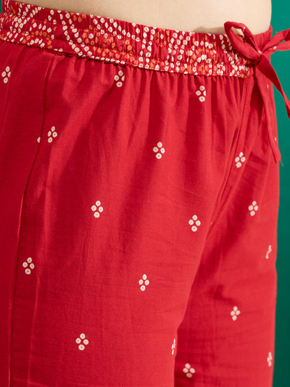 Bandhani Printed Embroidered Straight Kurta with Palazzo and Dupatta - Red
