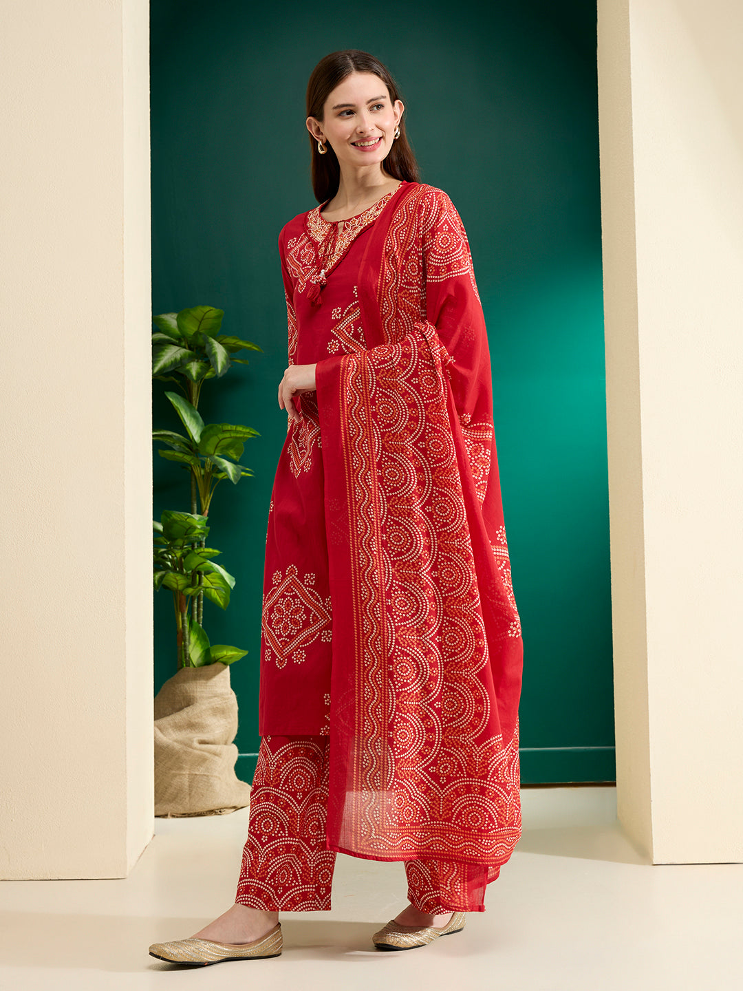 Bandhani Printed Embroidered Straight Kurta with Palazzo and Dupatta - Red