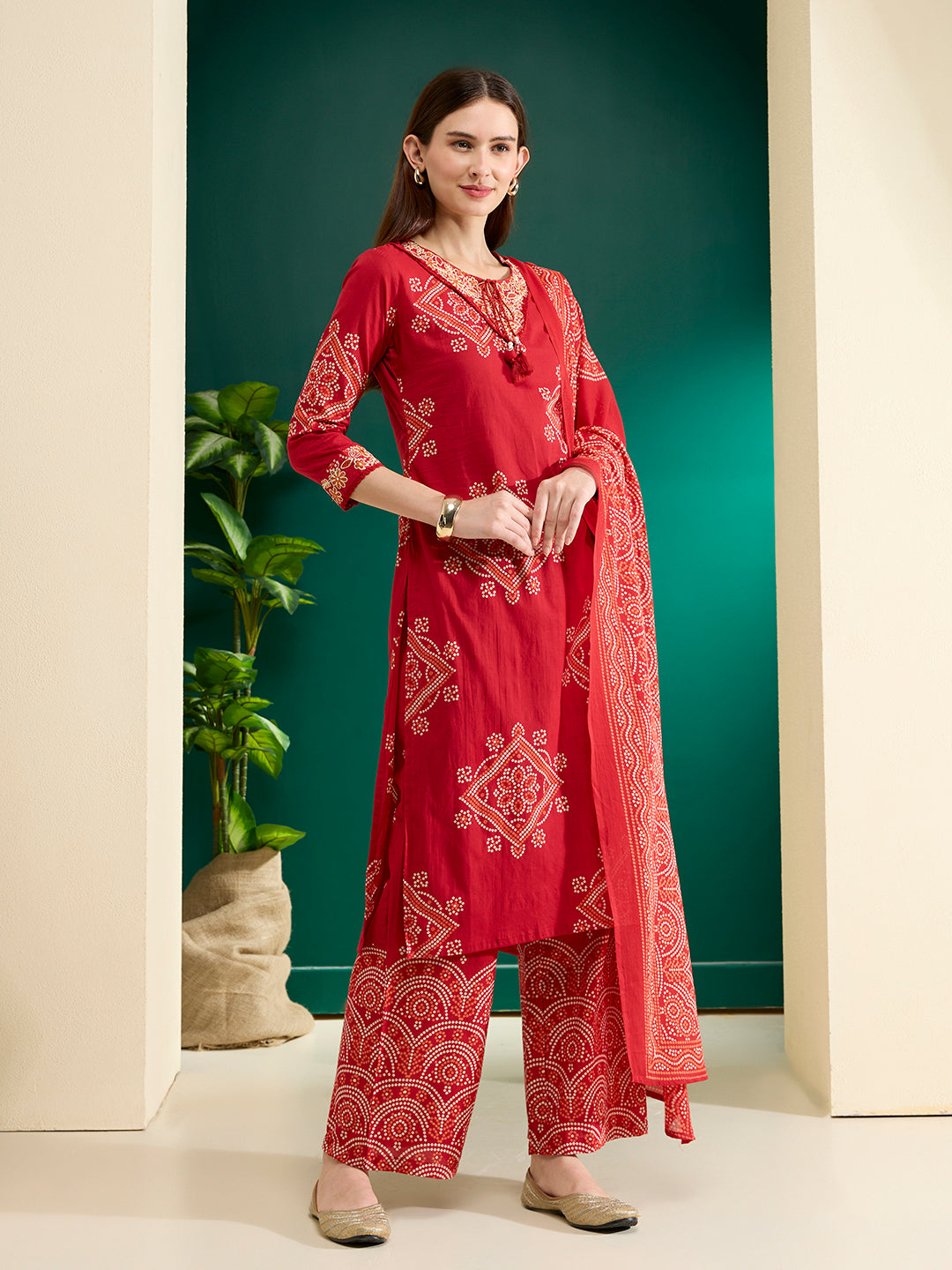 Bandhani Printed Embroidered Straight Kurta with Palazzo and Dupatta - Red