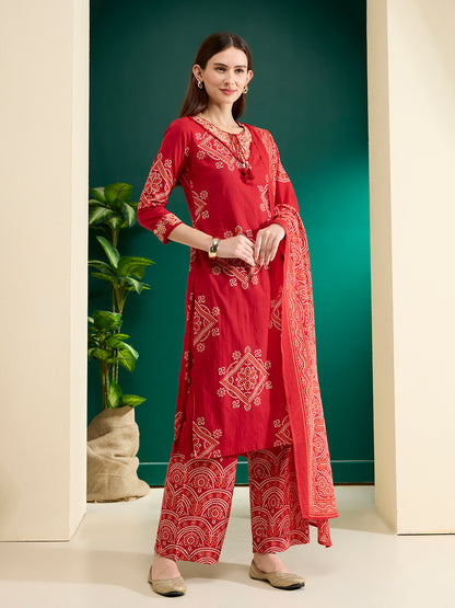 Bandhani Printed Embroidered Straight Kurta with Palazzo and Dupatta - Red