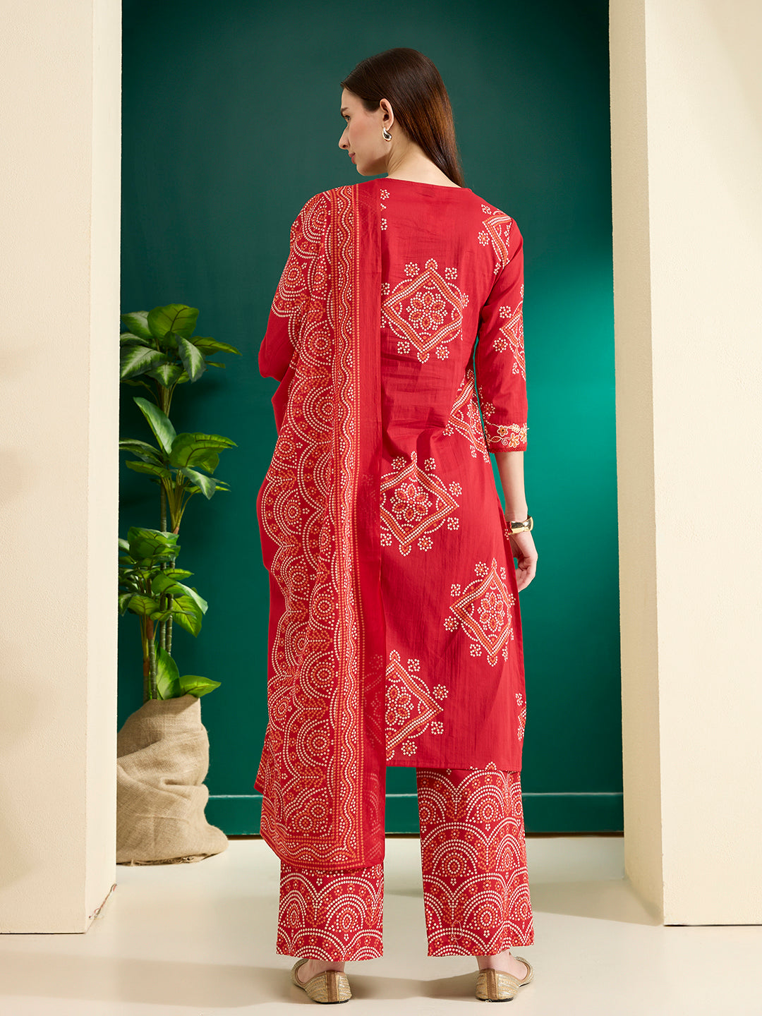 Bandhani Printed Embroidered Straight Kurta with Palazzo and