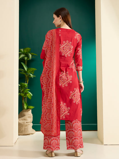 Bandhani Printed Embroidered Straight Kurta with Palazzo and Dupatta - Red