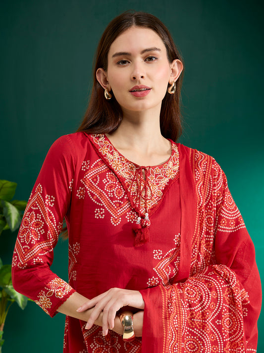 Bandhani Printed Embroidered Straight Kurta with Palazzo and Dupatta - Red