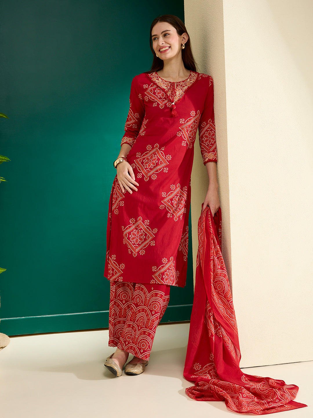 Bandhani Printed Embroidered Straight Kurta with Palazzo and Dupatta - Red