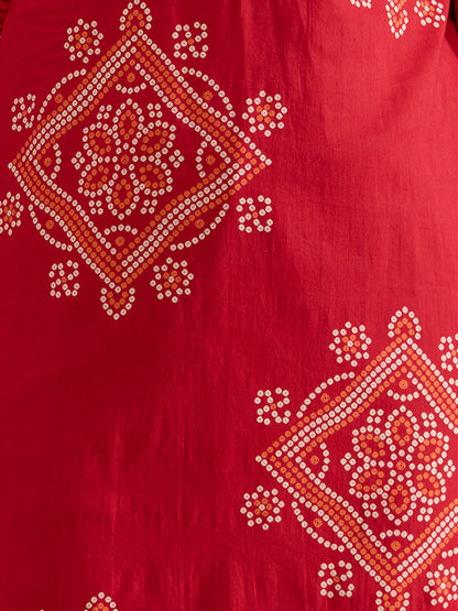Bandhani Printed Embroidered Straight Kurta with Palazzo and Dupatta - Red