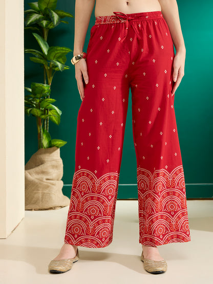 Bandhani Printed Embroidered Straight Kurta with Palazzo and Dupatta - Red