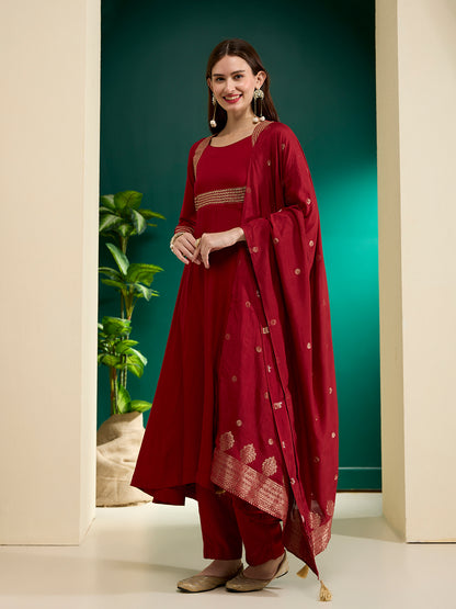 Solid Embroidered Anarkali Flared Kurta with Pant & Dupatta - Maroon
