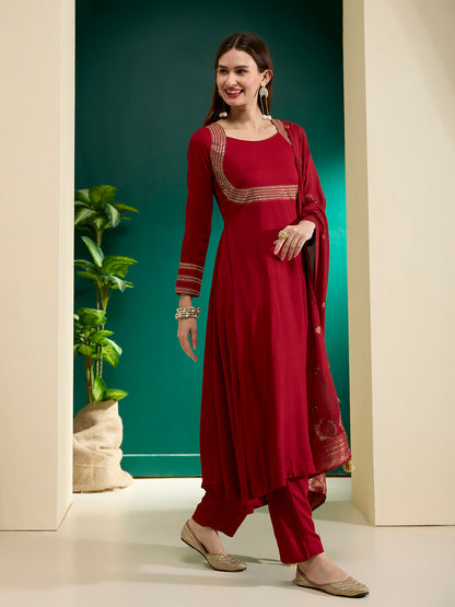 Solid Embroidered Anarkali Flared Kurta with Pant & Dupatta - Maroon