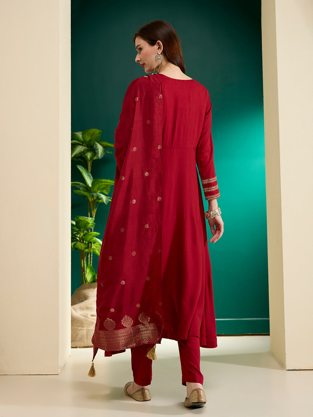 Solid Embroidered Anarkali Flared Kurta with Pant & Dupatta - Maroon