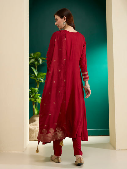 Solid Embroidered Anarkali Flared Kurta with Pant & Dupatta - Maroon