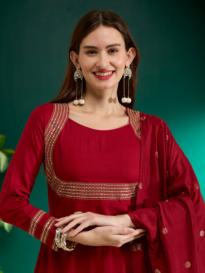 Solid Embroidered Anarkali Flared Kurta with Pant & Dupatta - Maroon