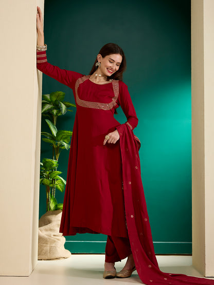 Solid Embroidered Anarkali Flared Kurta with Pant & Dupatta - Maroon