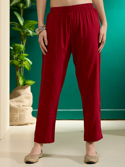 Solid Embroidered Anarkali Flared Kurta with Pant & Dupatta - Maroon