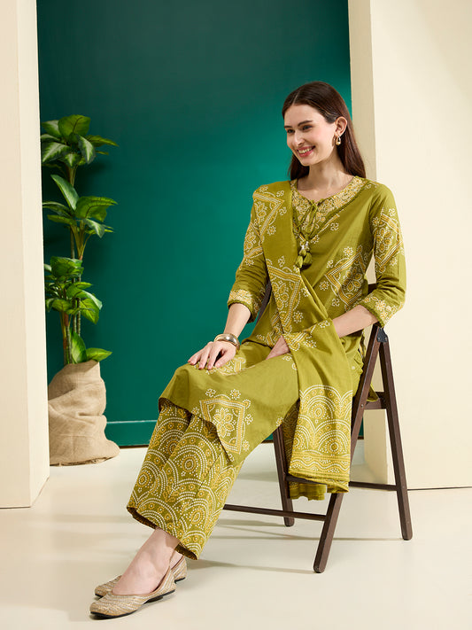 Ethnic Bandhani Printed Straight Kurta with Pant & Dupatta - Green
