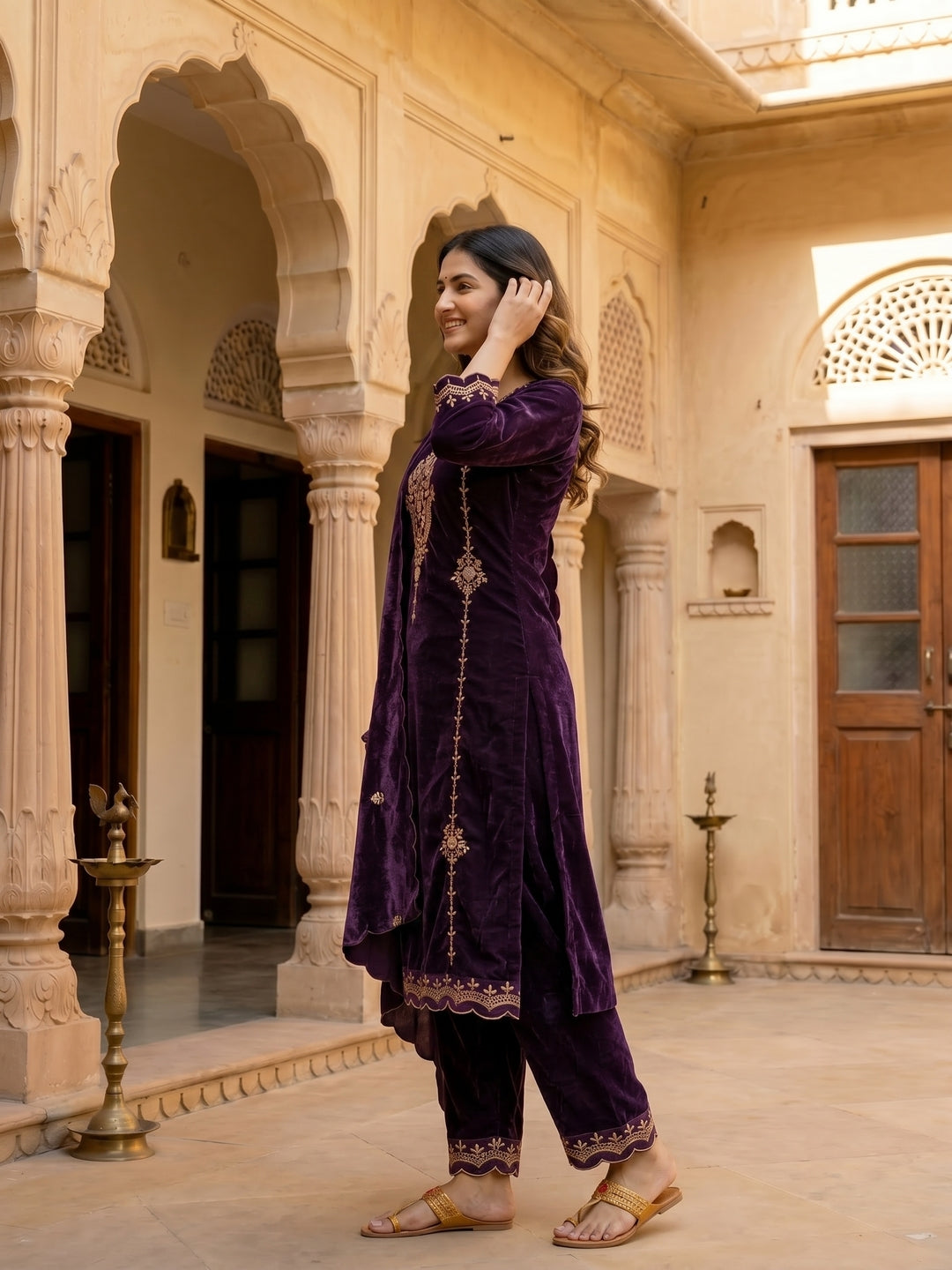 Solid Zari Work A-Line Velvet Kurta & Palazzo & Dupatta - Purple