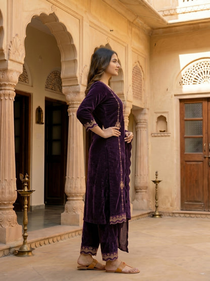 Solid Zari Work A-Line Velvet Kurta & Palazzo & Dupatta - Purple
