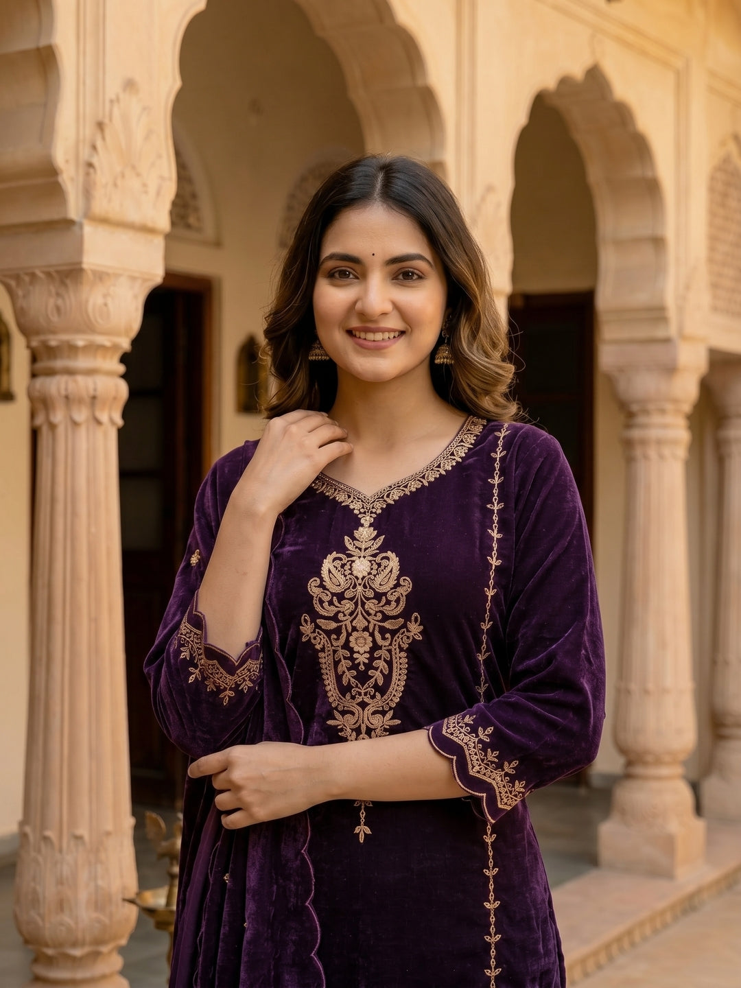 Solid Zari Work A-Line Velvet Kurta & Palazzo & Dupatta - Purple