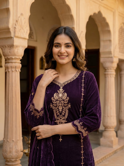 Solid Zari Work A-Line Velvet Kurta & Palazzo & Dupatta - Purple