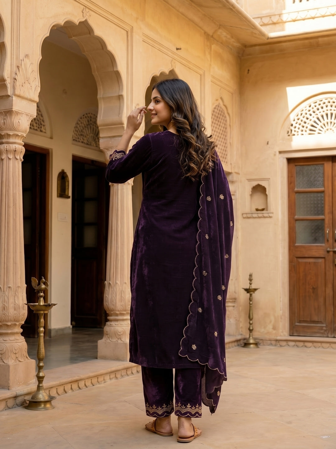Solid Zari Work A-Line Velvet Kurta & Palazzo & Dupatta - Purple