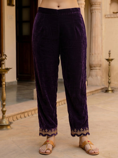 Solid Zari Work A-Line Velvet Kurta & Palazzo & Dupatta - Purple