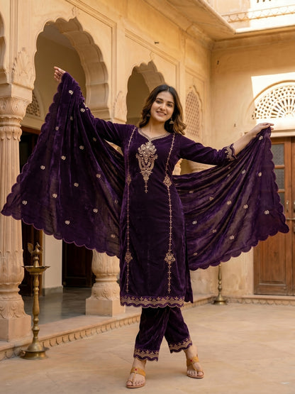 Solid Zari Work A-Line Velvet Kurta & Palazzo & Dupatta - Purple