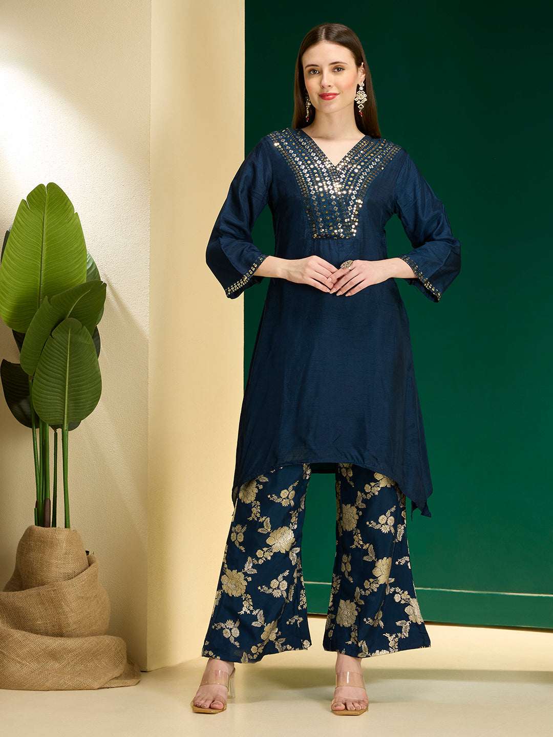 Solid Sequin Embroidered A-Line Kurta with Brocade Palazzo - Navy Blue