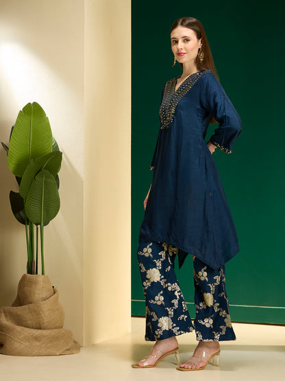 Solid Sequin Embroidered A-Line Kurta with Brocade Palazzo - Navy Blue