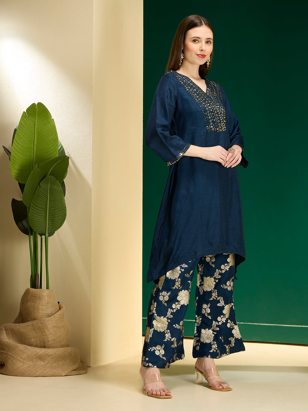 Solid Sequin Embroidered A-Line Kurta with Brocade Palazzo - Navy Blue