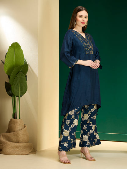 Solid Sequin Embroidered A-Line Kurta with Brocade Palazzo - Navy Blue