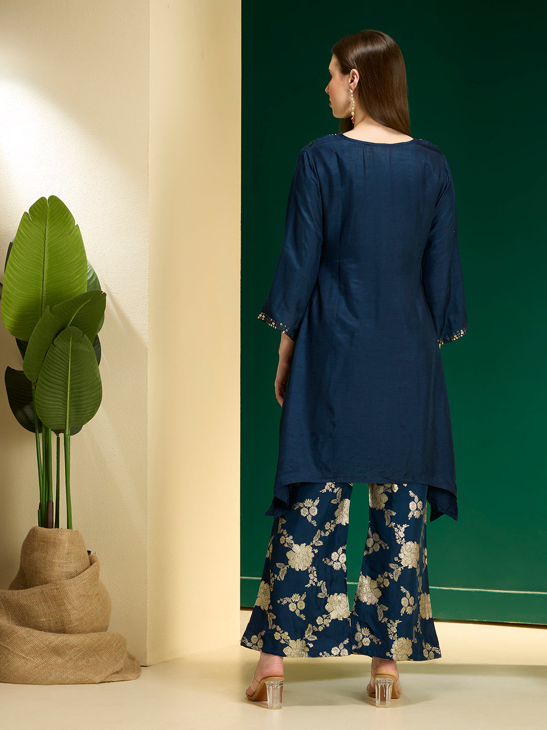 Solid Sequin Embroidered A-Line Kurta with Brocade Palazzo - Navy Blue