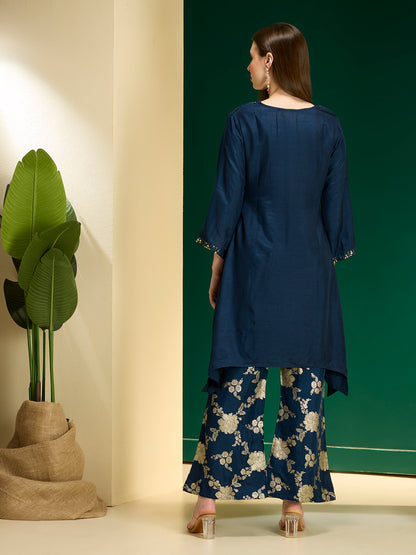 Solid Sequin Embroidered A-Line Kurta with Brocade Palazzo - Navy Blue