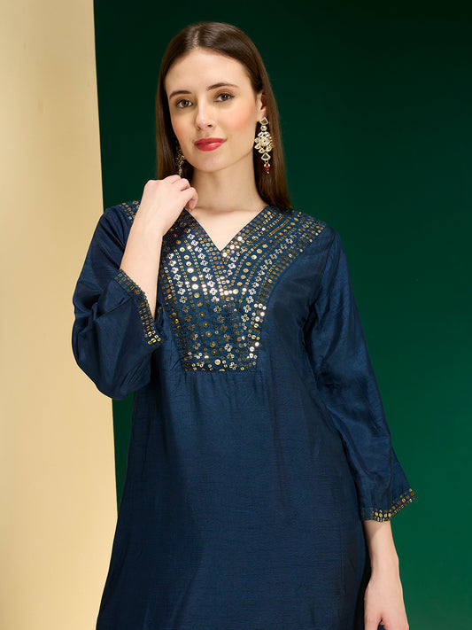 Solid Sequin Embroidered A-Line Kurta with Brocade Palazzo - Navy Blue