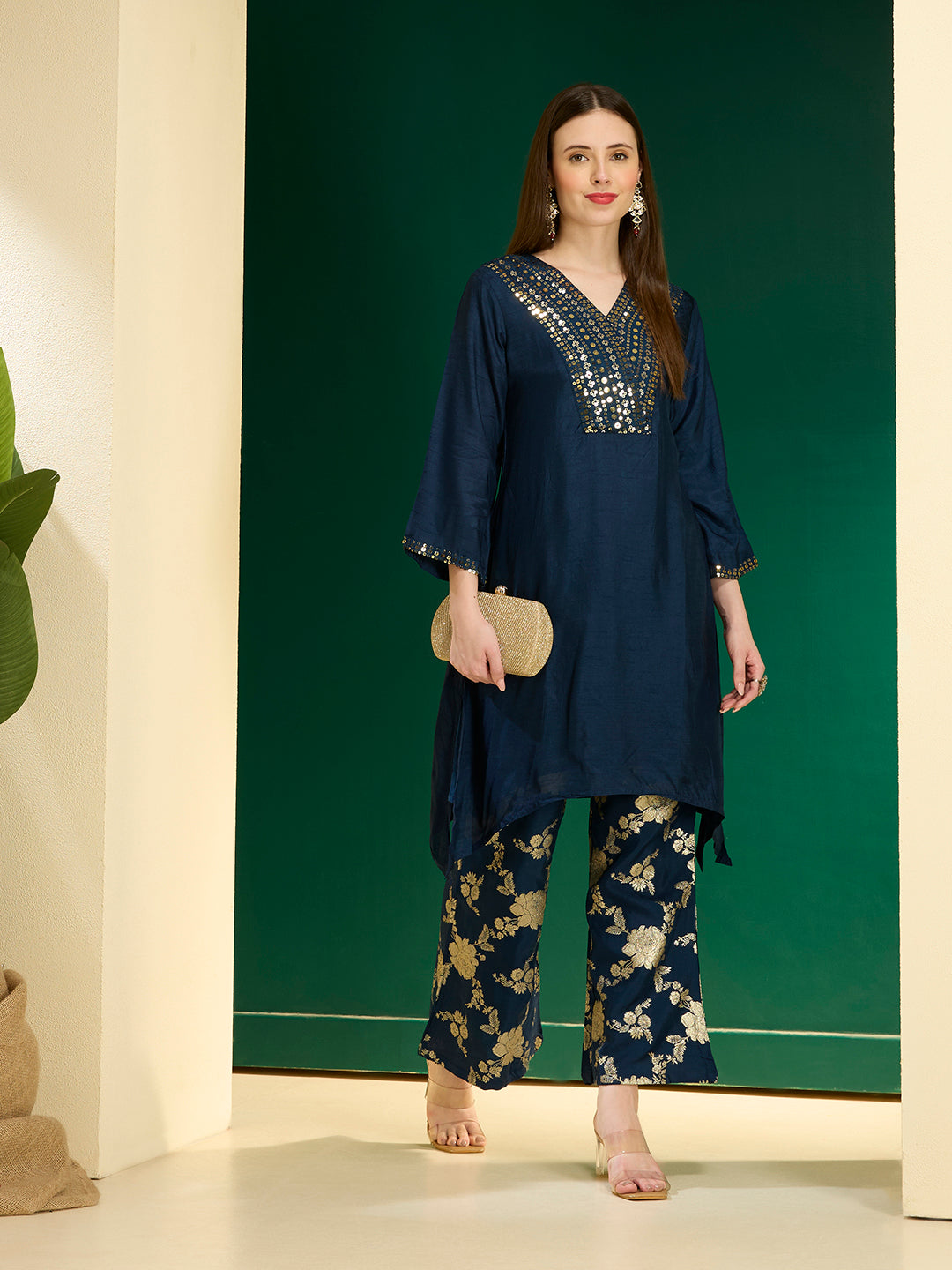 Solid Sequin Embroidered A-Line Kurta with Brocade Palazzo - Navy Blue