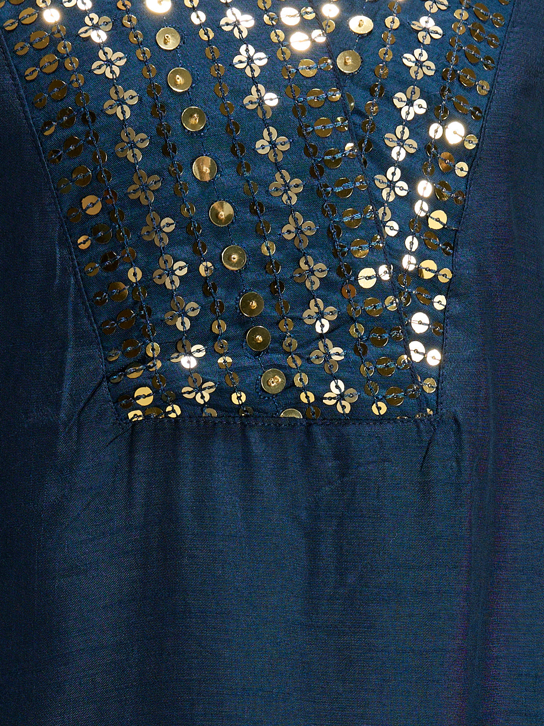Solid Sequin Embroidered A-Line Kurta with Brocade Palazzo - Navy Blue